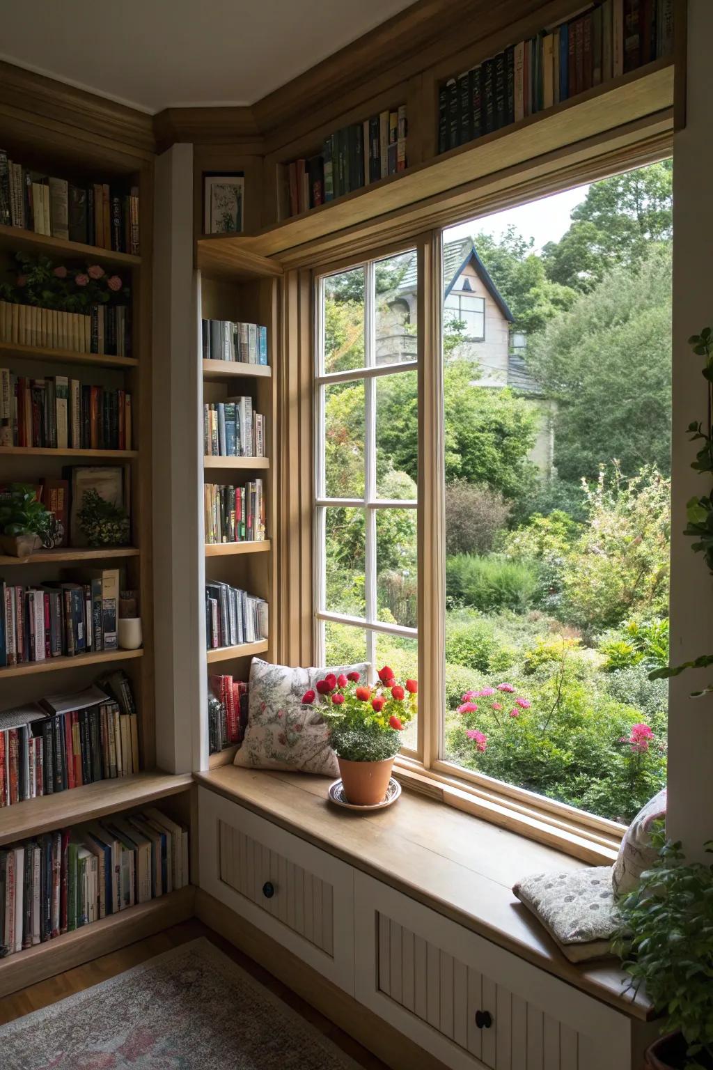 A serene reading spot with a view, thanks to a bay window bookshelf.