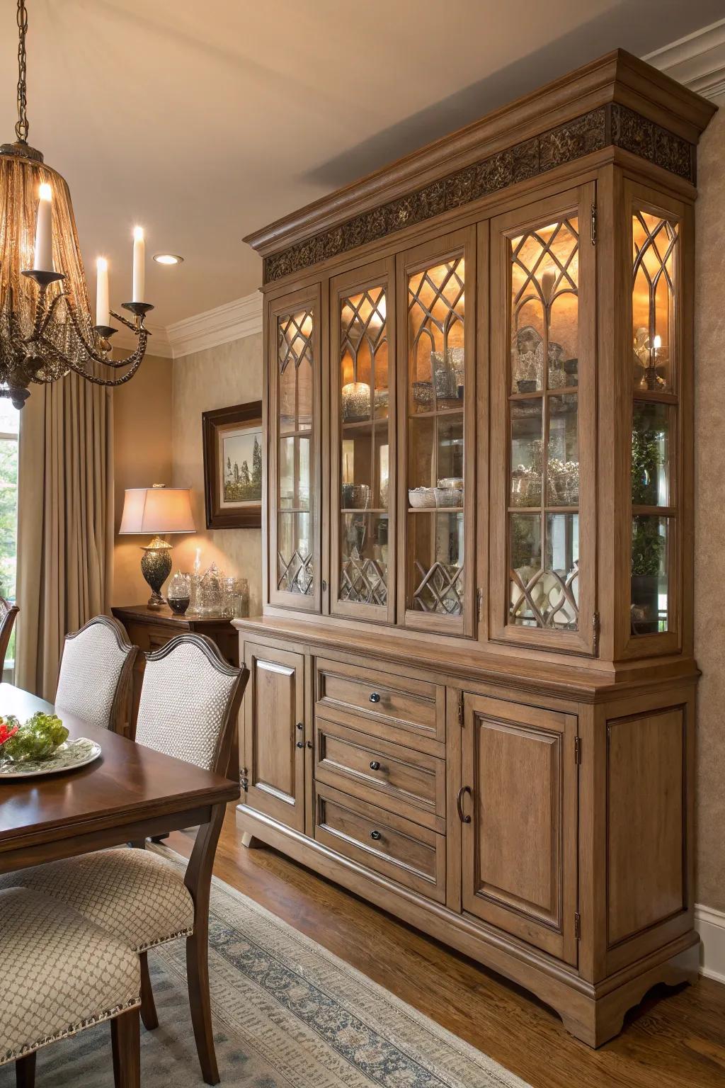 Dining area cabinets enhanced with ornate details to amplify character and allure.