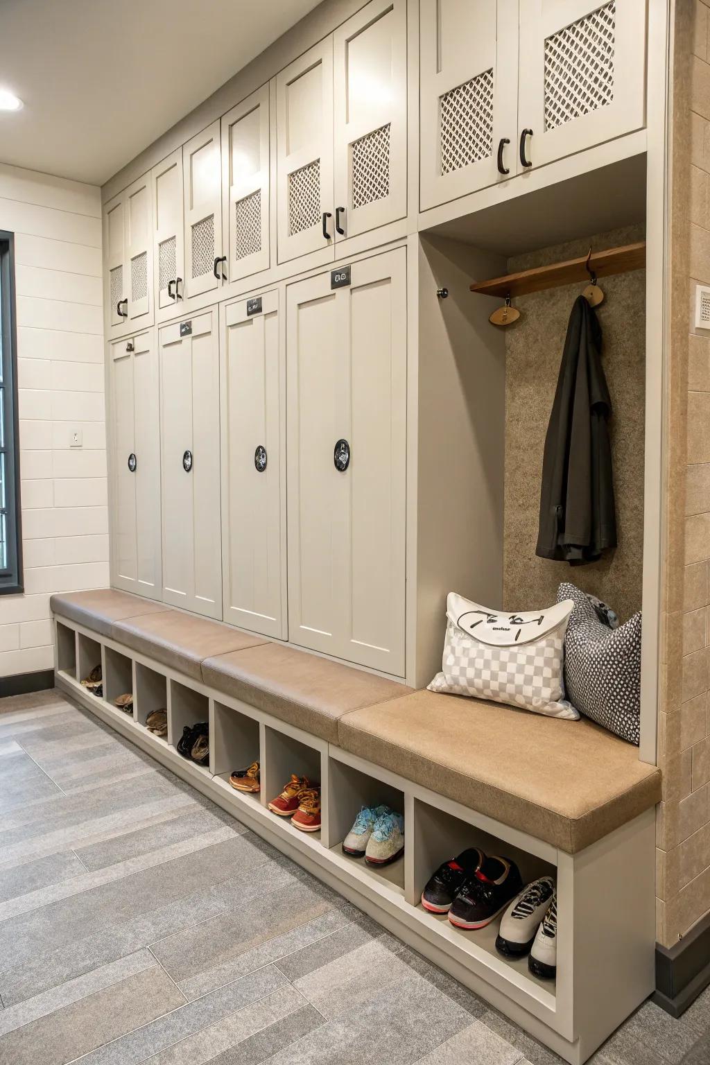 A relaxing seating area merged with integrated lockers.