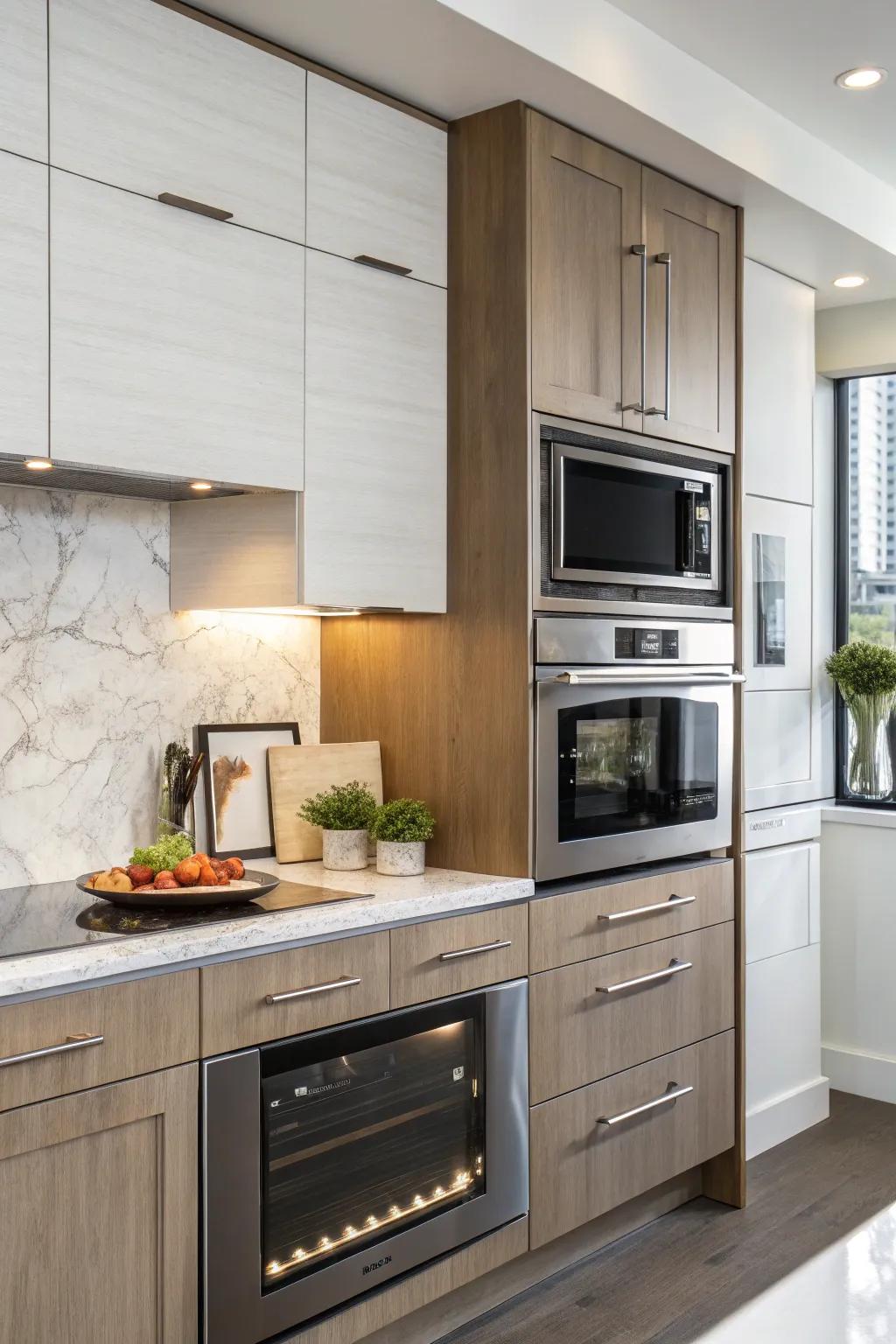 A wall-mounted wave oven integrated with overhead cabinetry.