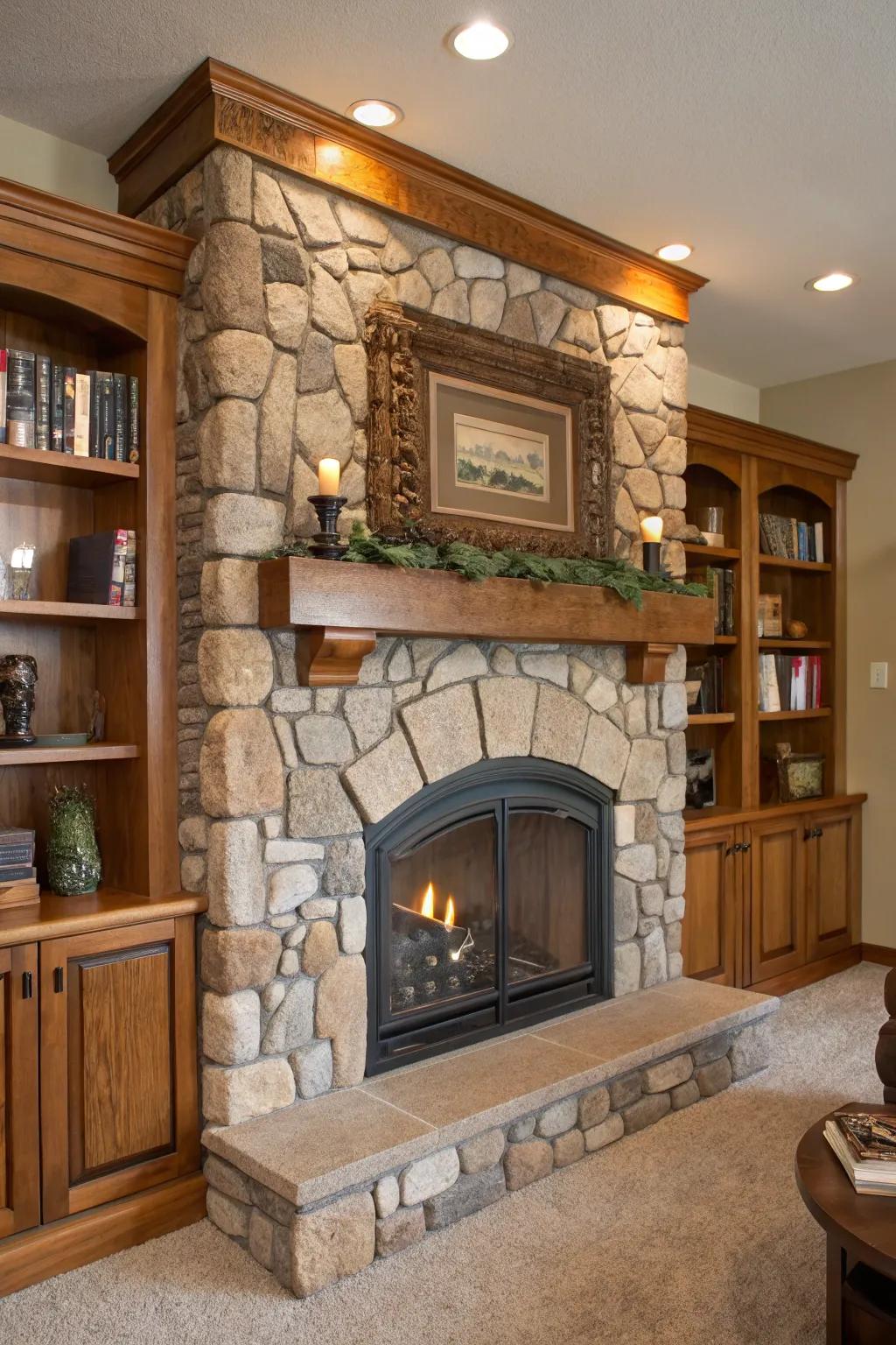 Accents made of stone lend a rustic allure to integrated fireplace designs.