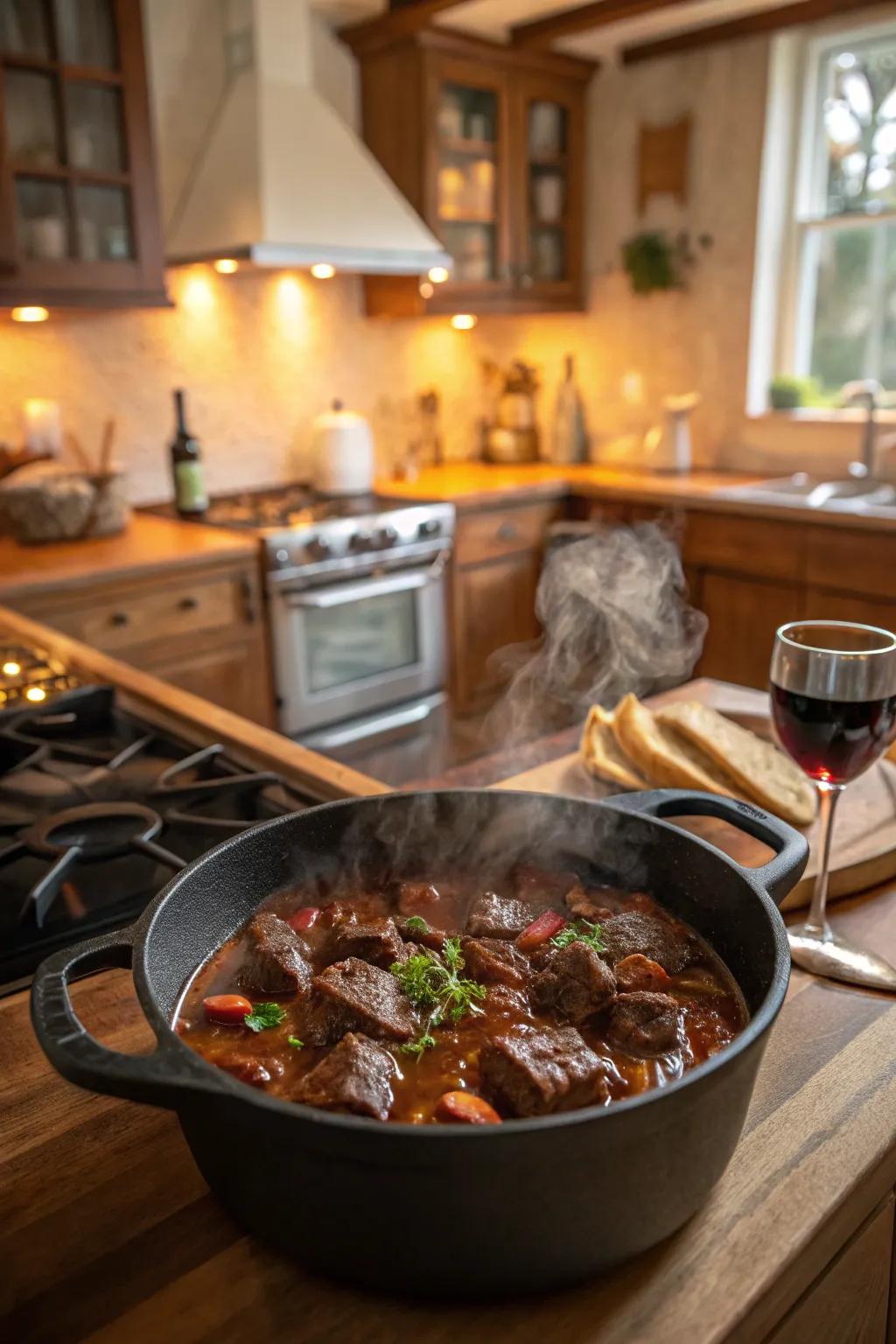 A hearty beef stew with burgundy wine, a timeless classic.