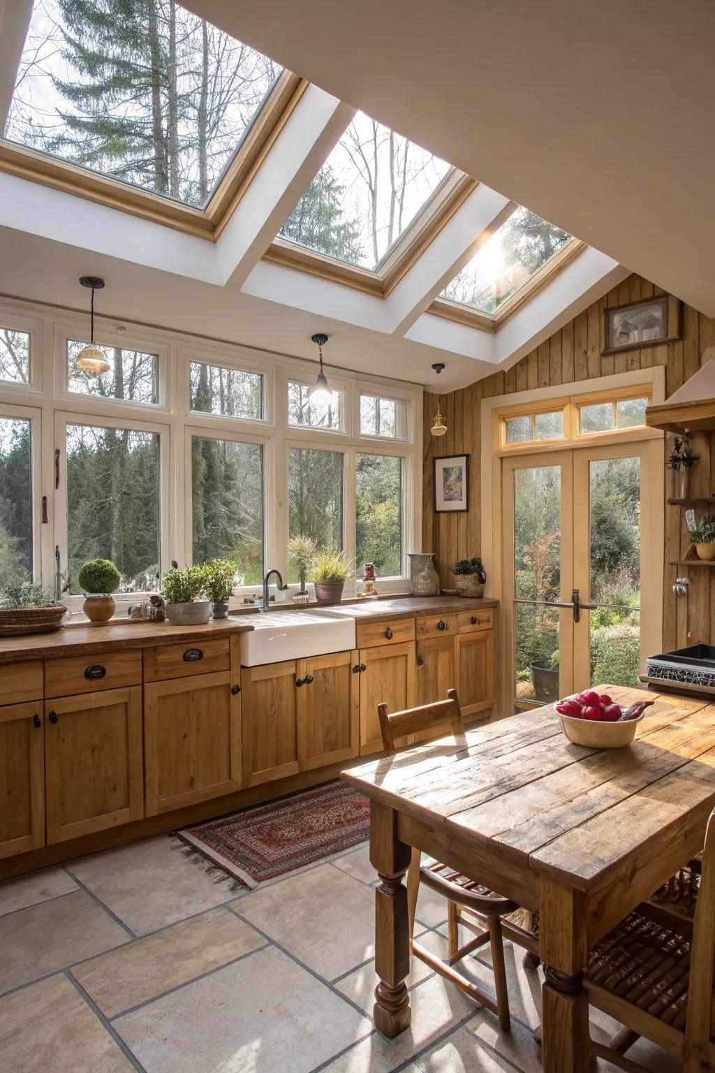 Natural light floods a cottage kitchen via skylights and large windows.