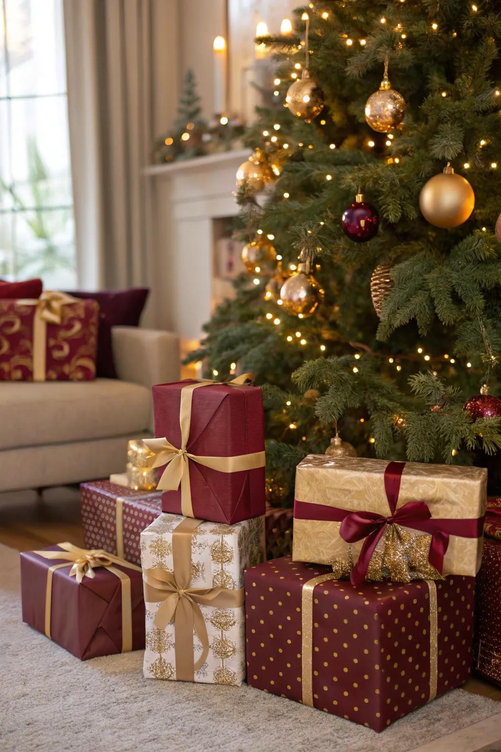 Matching offering wraps emphasize the theme under the tree.