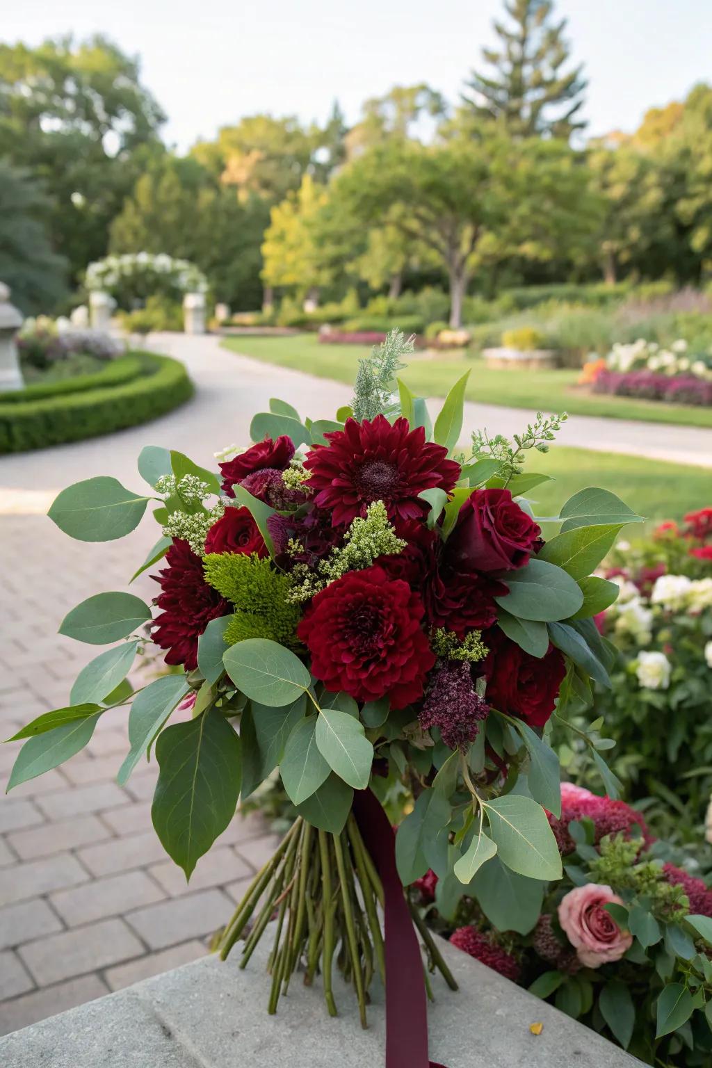 Deep red bouquet amplified with plentiful leafy greenery.