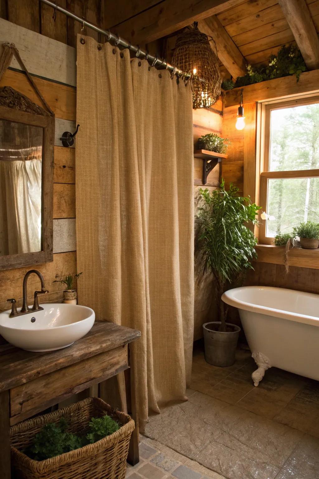 Countryside sanctuary featuring hessian shower drapes.