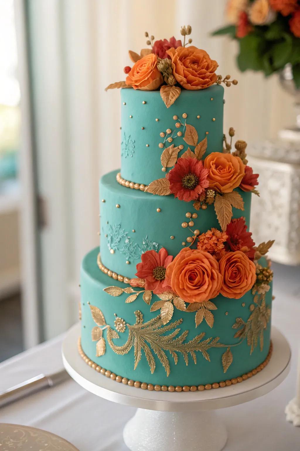 A celebration cake that beautifully incorporates cerulean and rust orange.