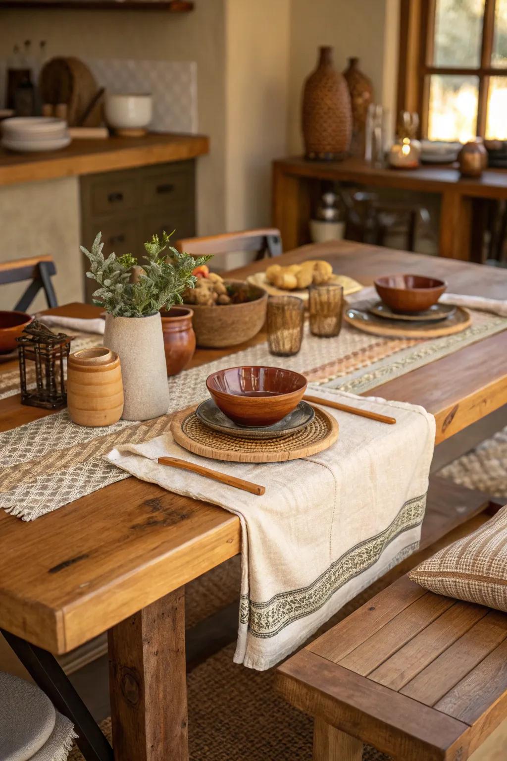 Gather around a countryside eating table crafted from timber block for dishes filled with warmth and reminiscences.