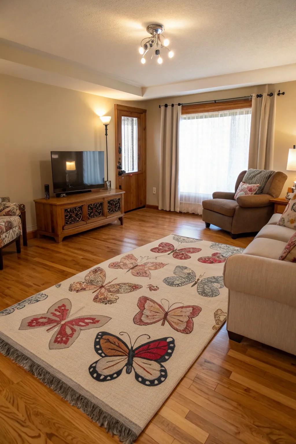 Visually anchor your space through a butterfly-themed rug.