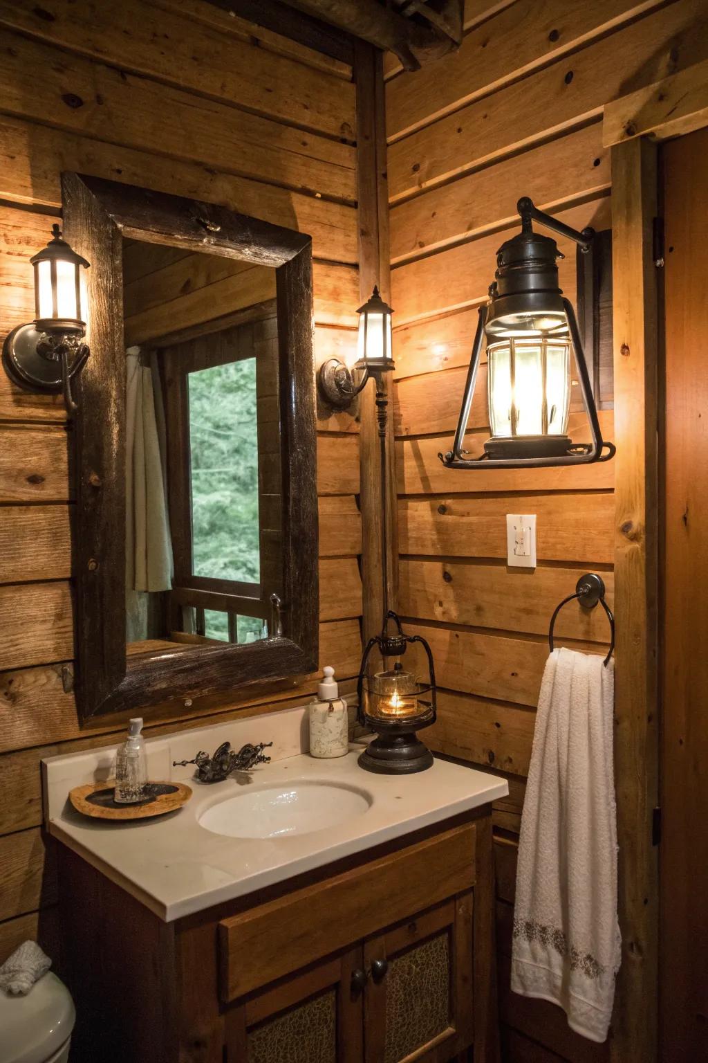 A cabin bathroom displaying a vintage mirror and lantern-style lighting.