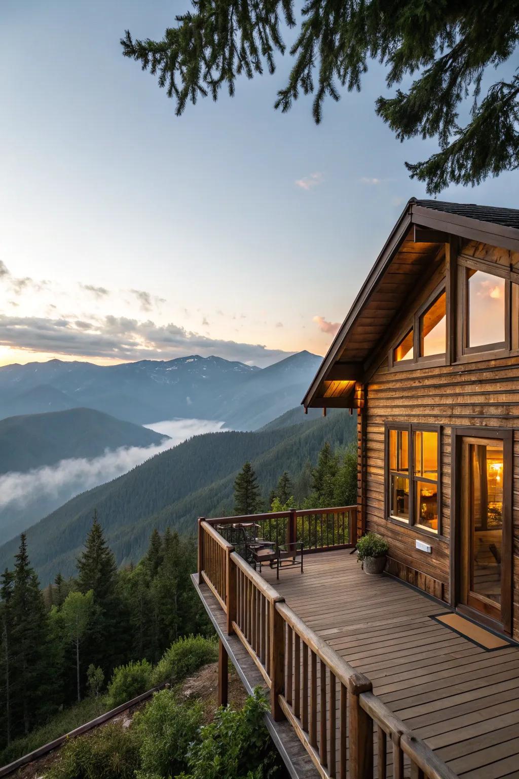 Cabin featuring a deck offering panoramic mountain views