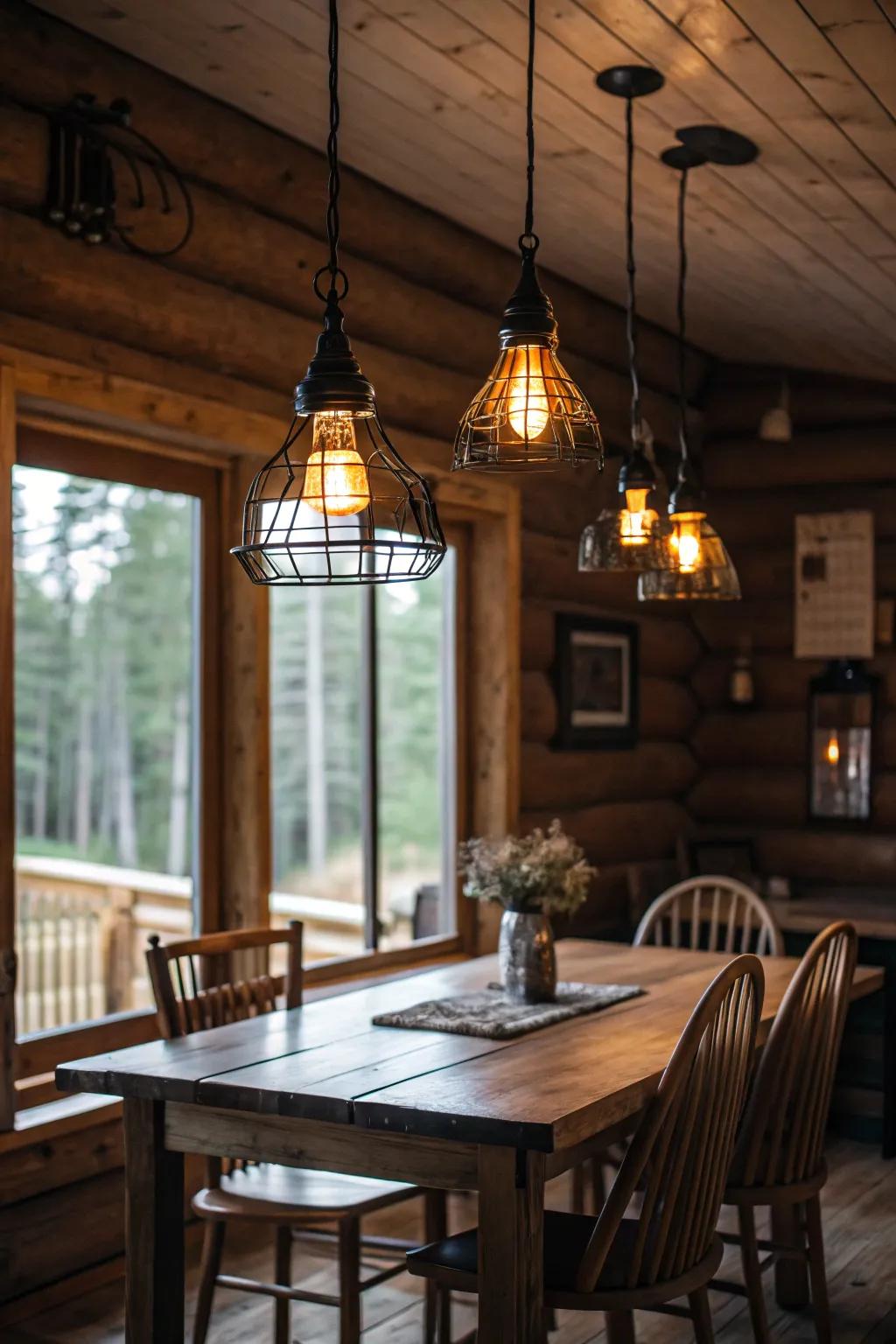 Vintage drop-down lights adding sentimental appeal to a cabin dining location.