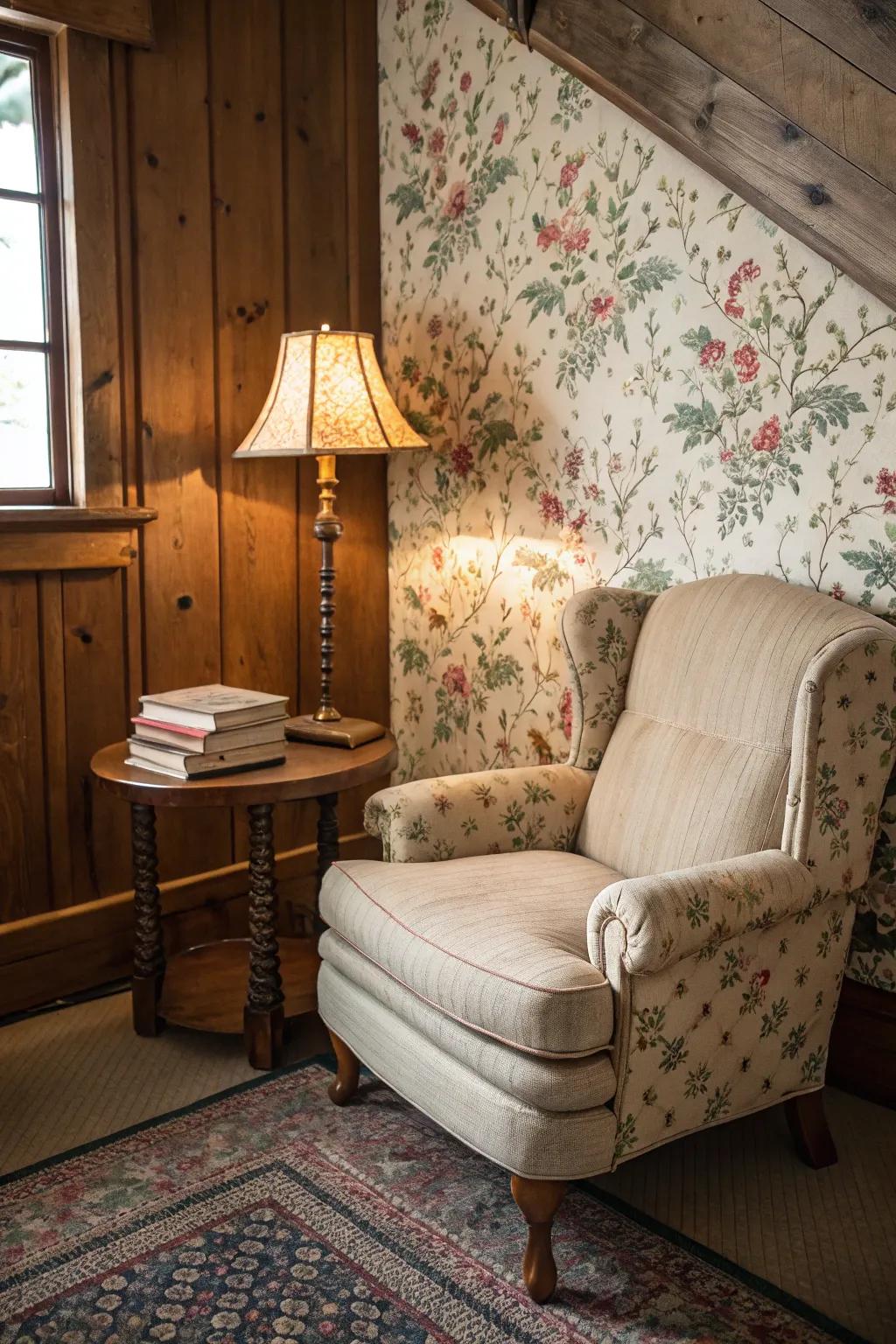 Delightful classic wallpaper contributes uniqueness to a comforting alcove.