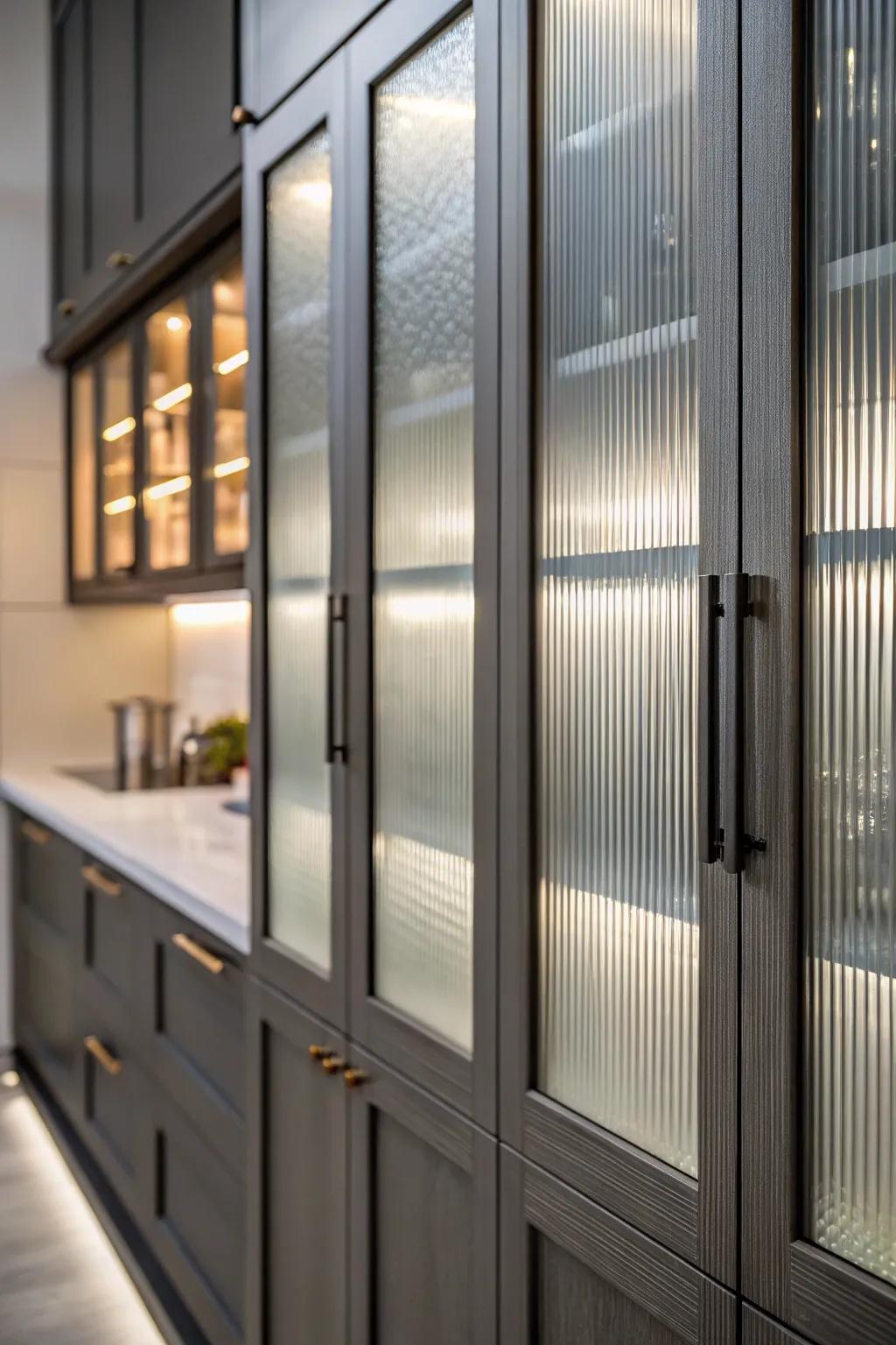 Ribbed glass panels add a modern touch to cabinet doors.