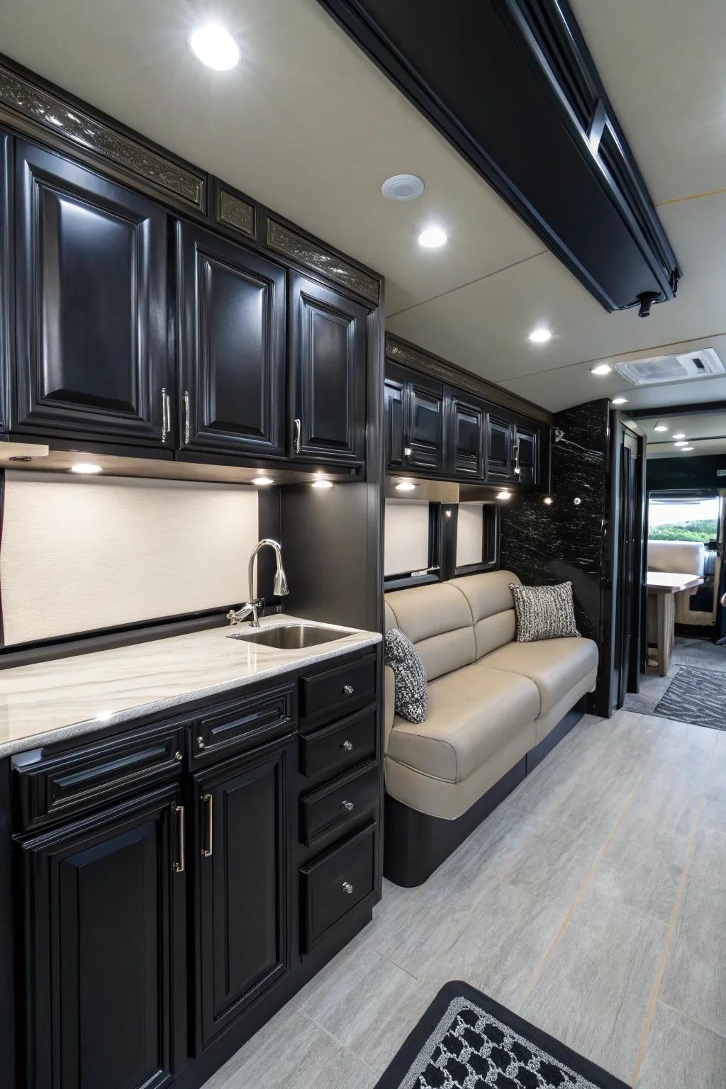 Black cabinets inject a sense of drama and luxury.