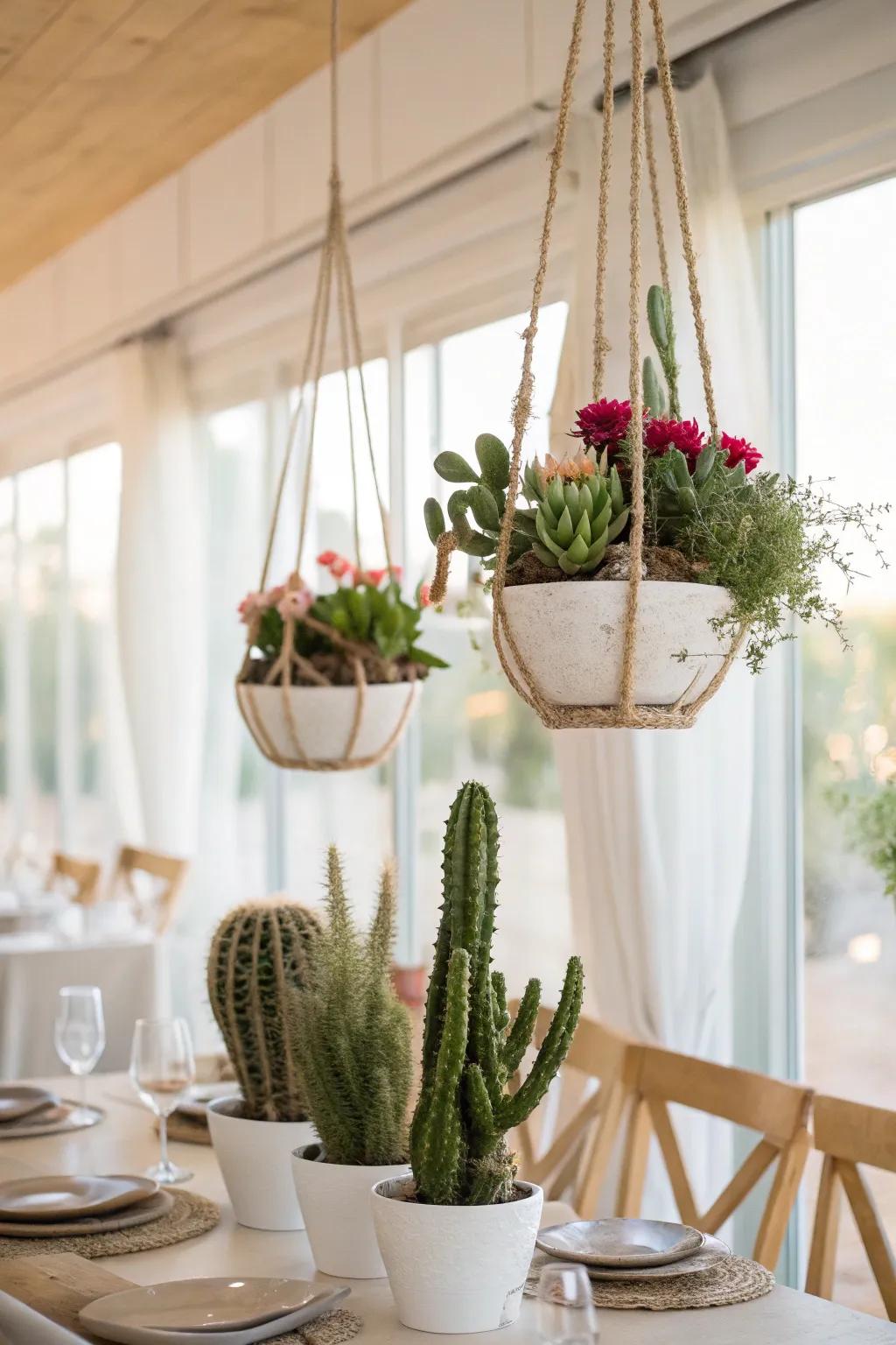 Suspended cacti establish an enchanting floating garden impression.