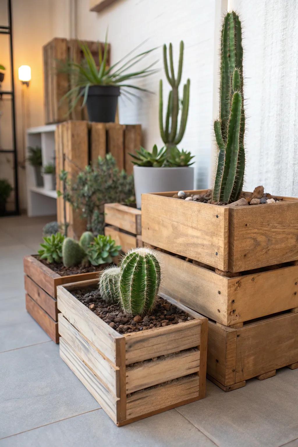 Reused wood boxes give an outdoorsy vibe to your cacti display.