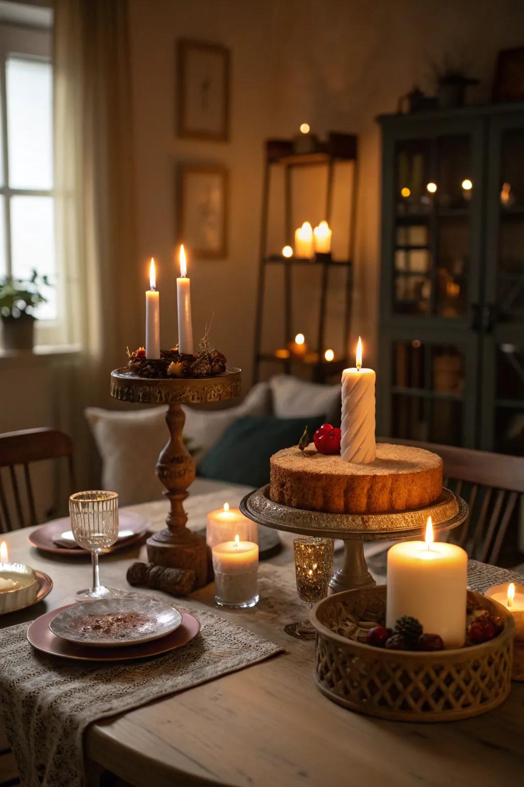 With a warm glow, candles on a cake stand enhance the atmosphere.