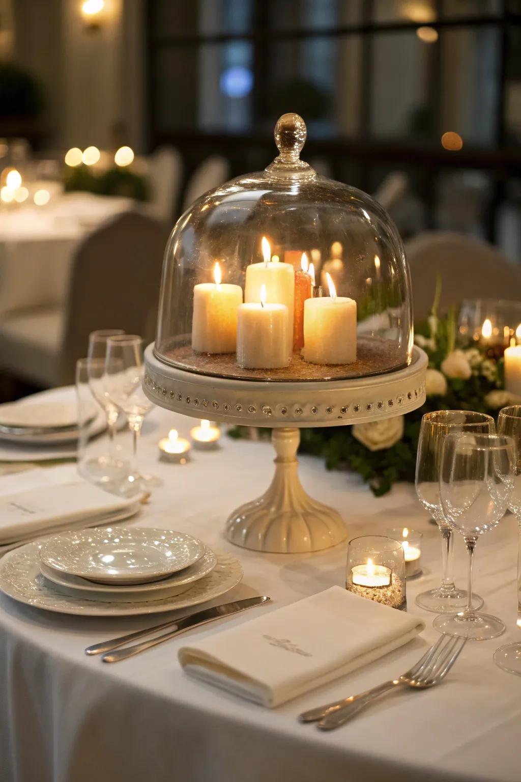 Design a romantic dining ambiance with a candlelit dome as the centerpiece.