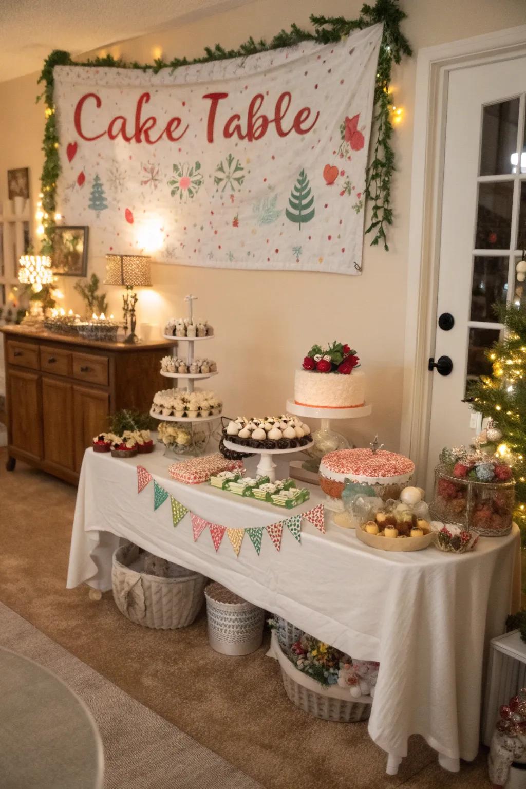 A cake table featuring a personalized backdrop, giving a special touch to the presentation.