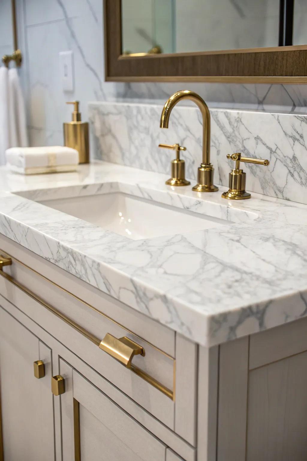 A stunning restroom dressing table featuring a Luminous Stone backdrop.