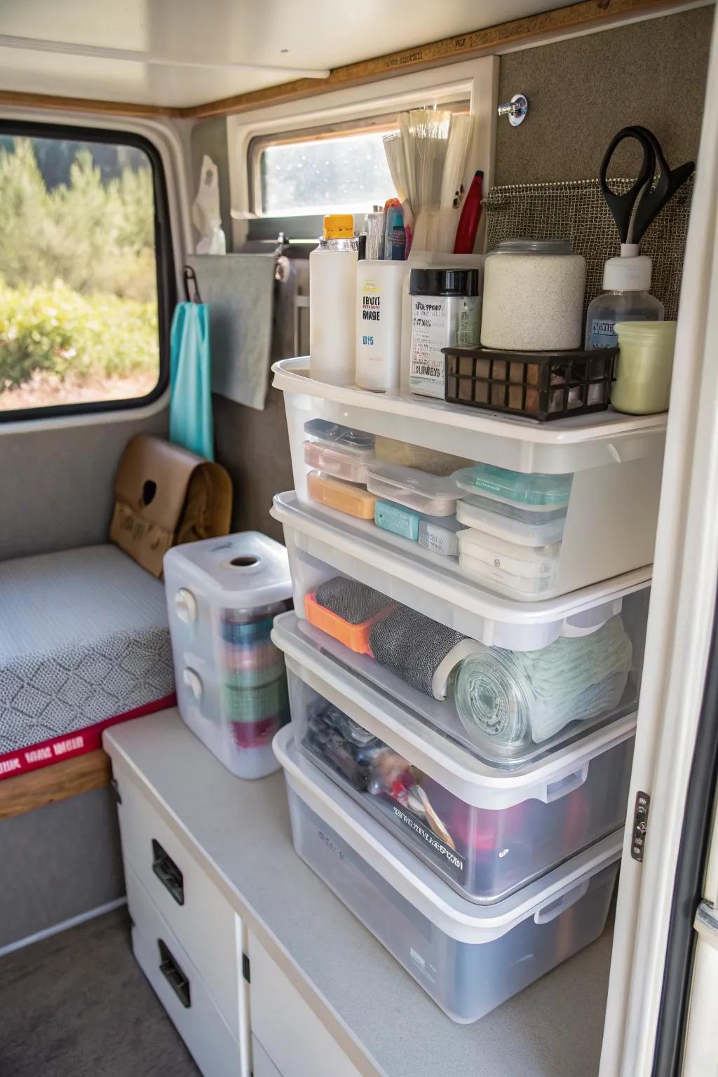 Small containers keeping little bathroom items neat and tidy.
