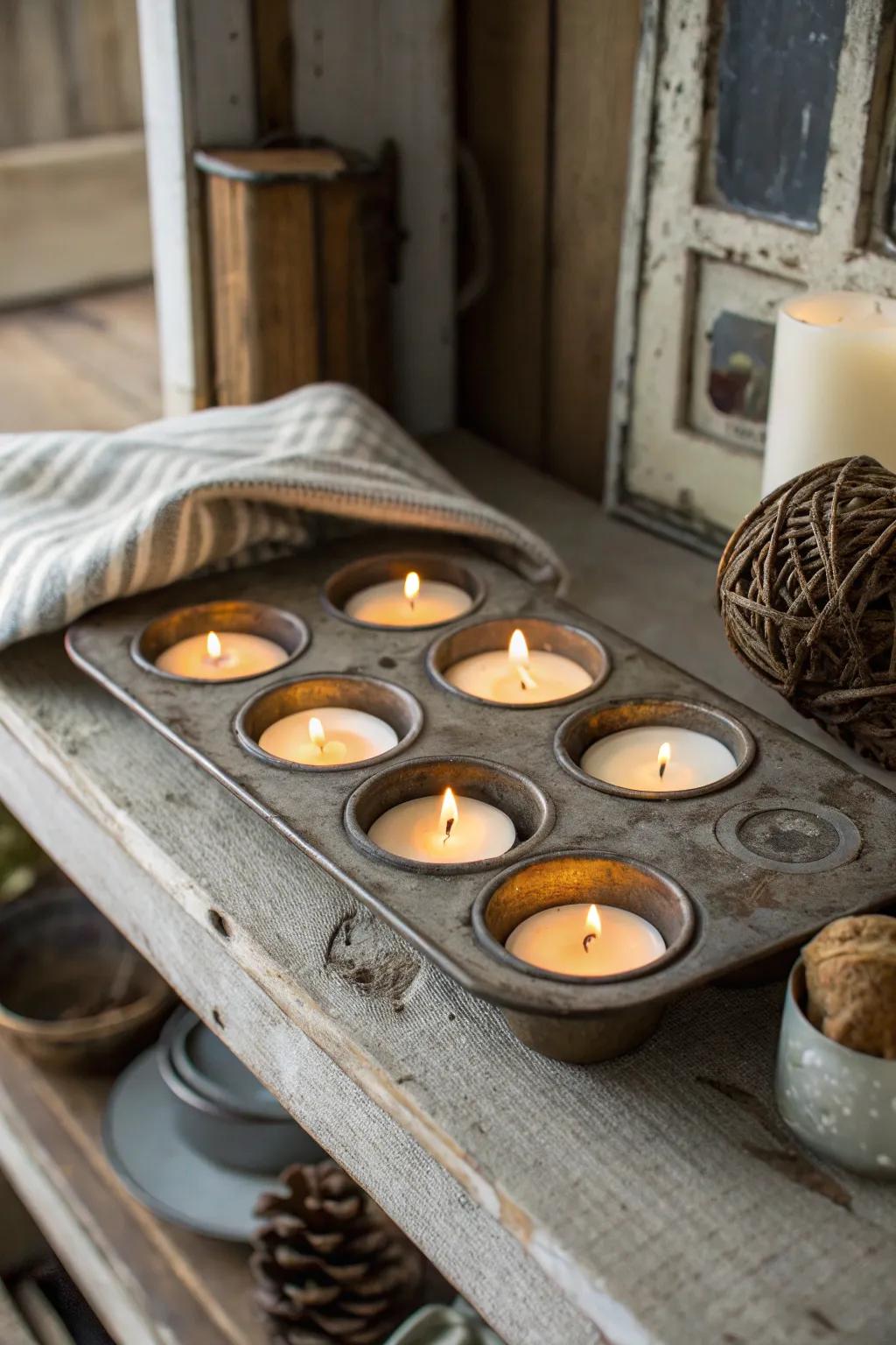 A vintage muffin tin brings about an enchanting candle presentation.