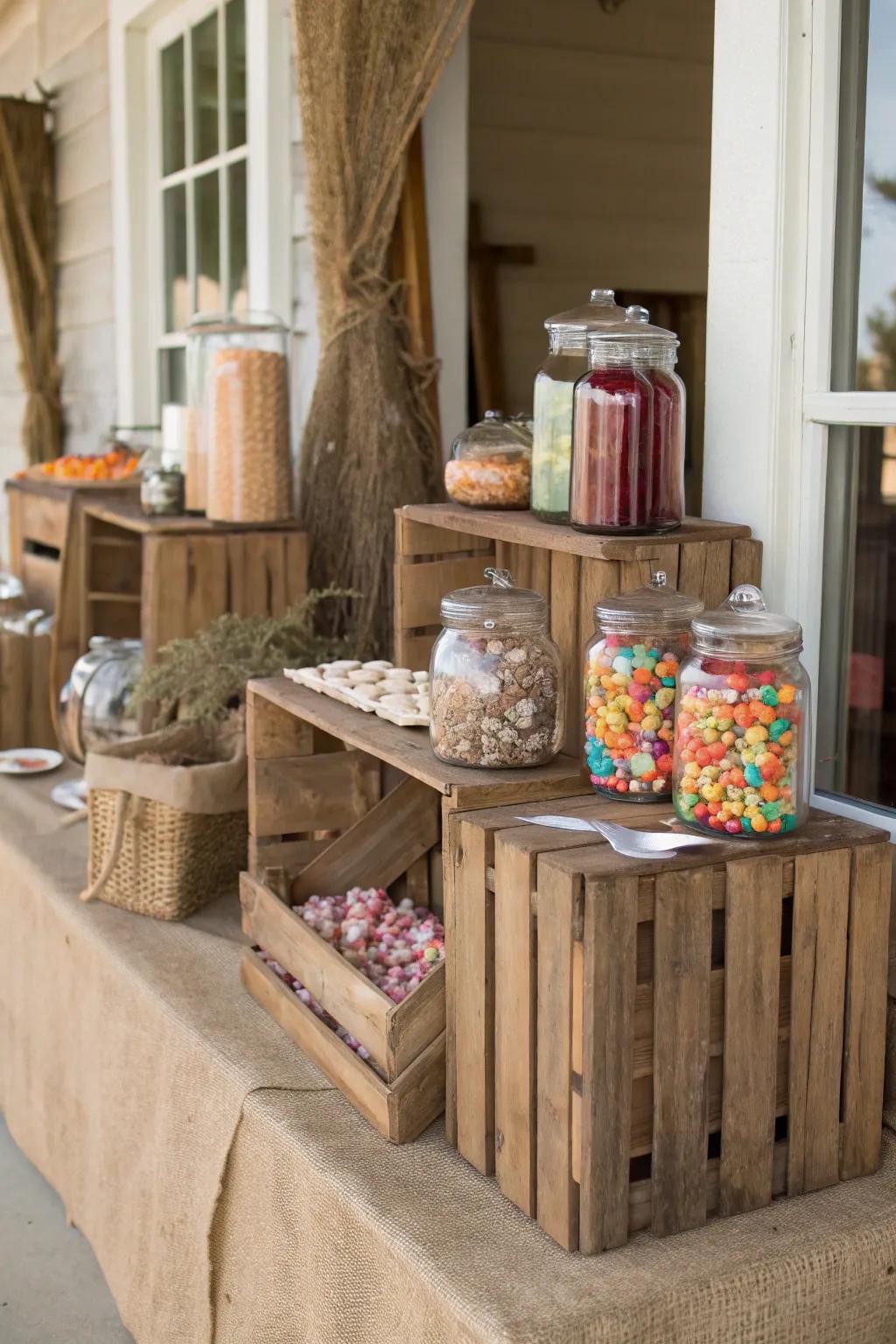 A rustic sweets display that adds warmth and simplicity to your celebration.