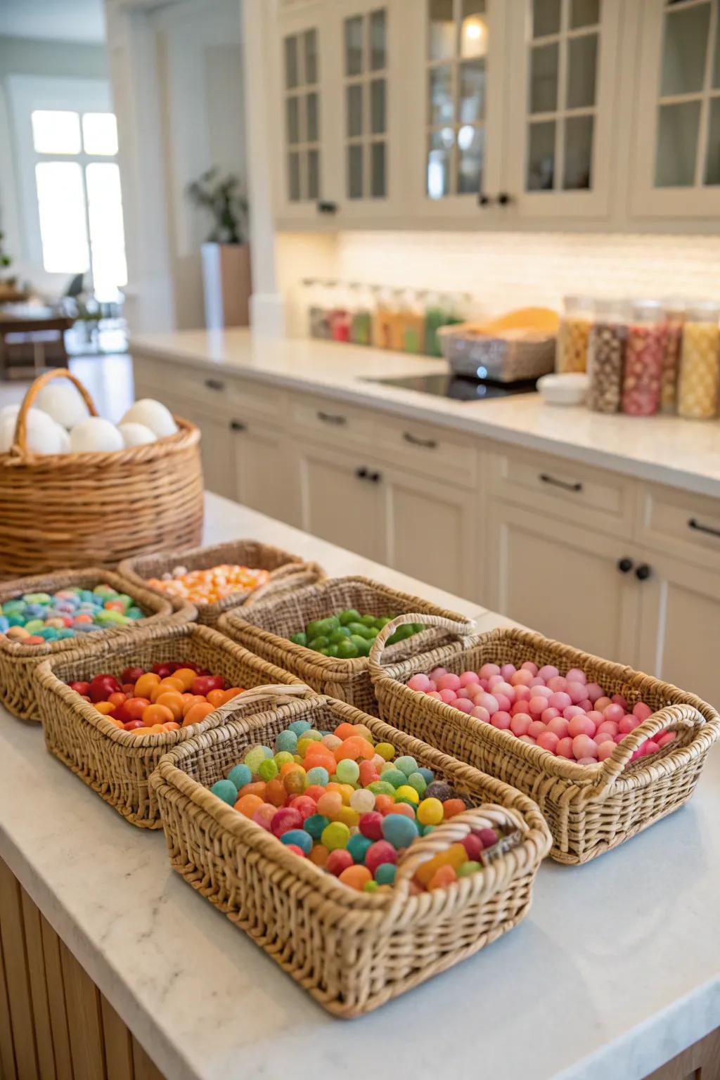 Charming DIY candy display using everyday baskets.