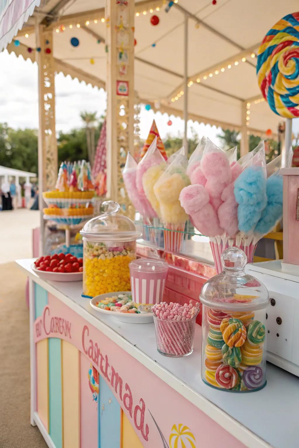 Festive carnival candy station featuring vibrant colors and classic treats.