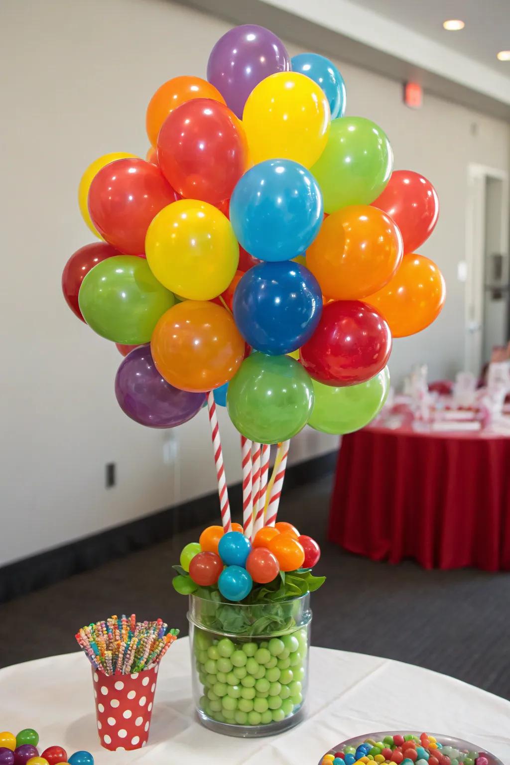 A candy-shaped balloon arrangement adds height and playfulness.
