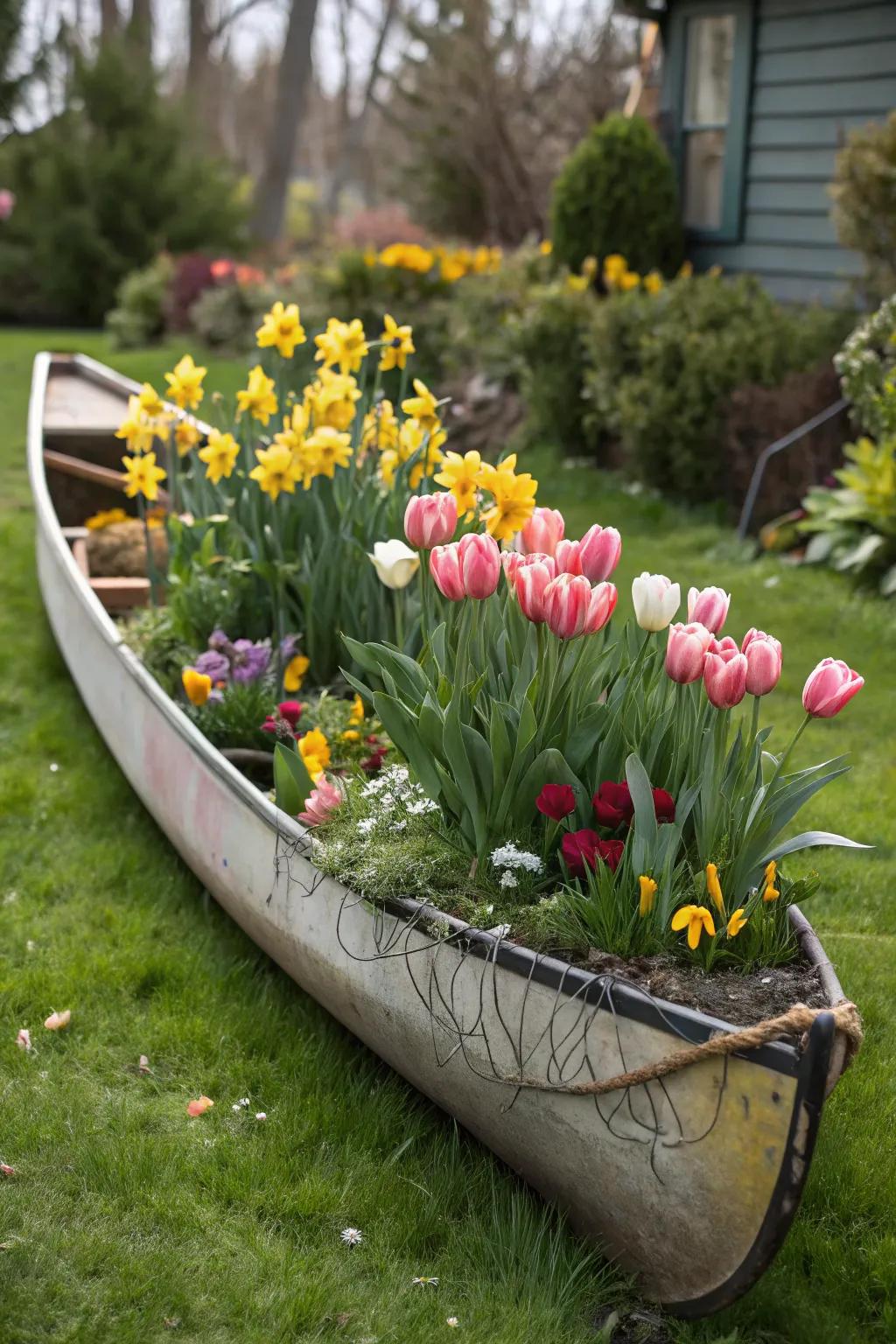 Celebrate the seasons with a canoe planter brimming with seasonal blooms.