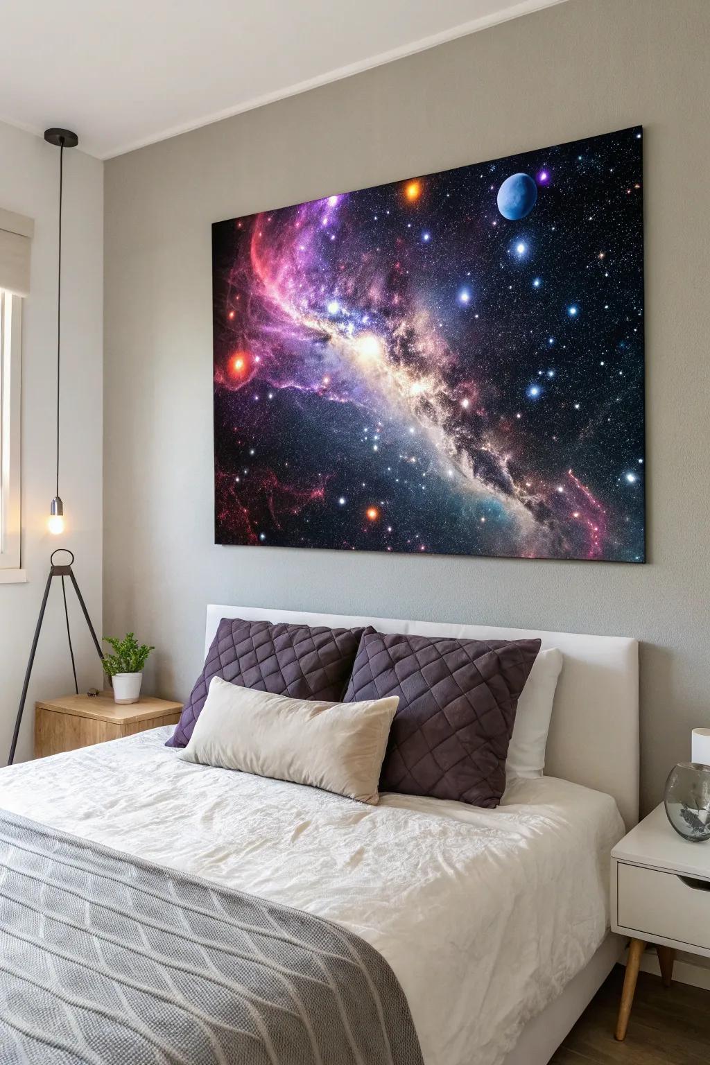 Celestial-inspired board art in a peaceful bedroom