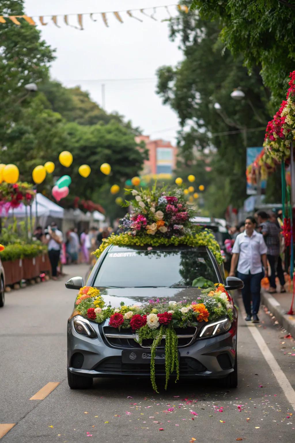 A car turned into a floral spectacle, perfect for a festive parade.