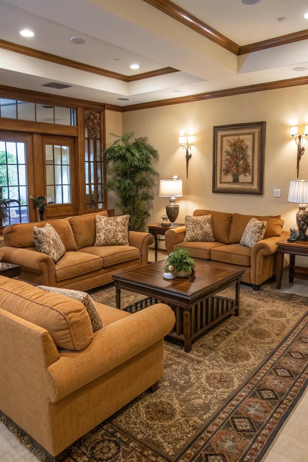 Functional layouts enhance the usability of a tawny sofa space.