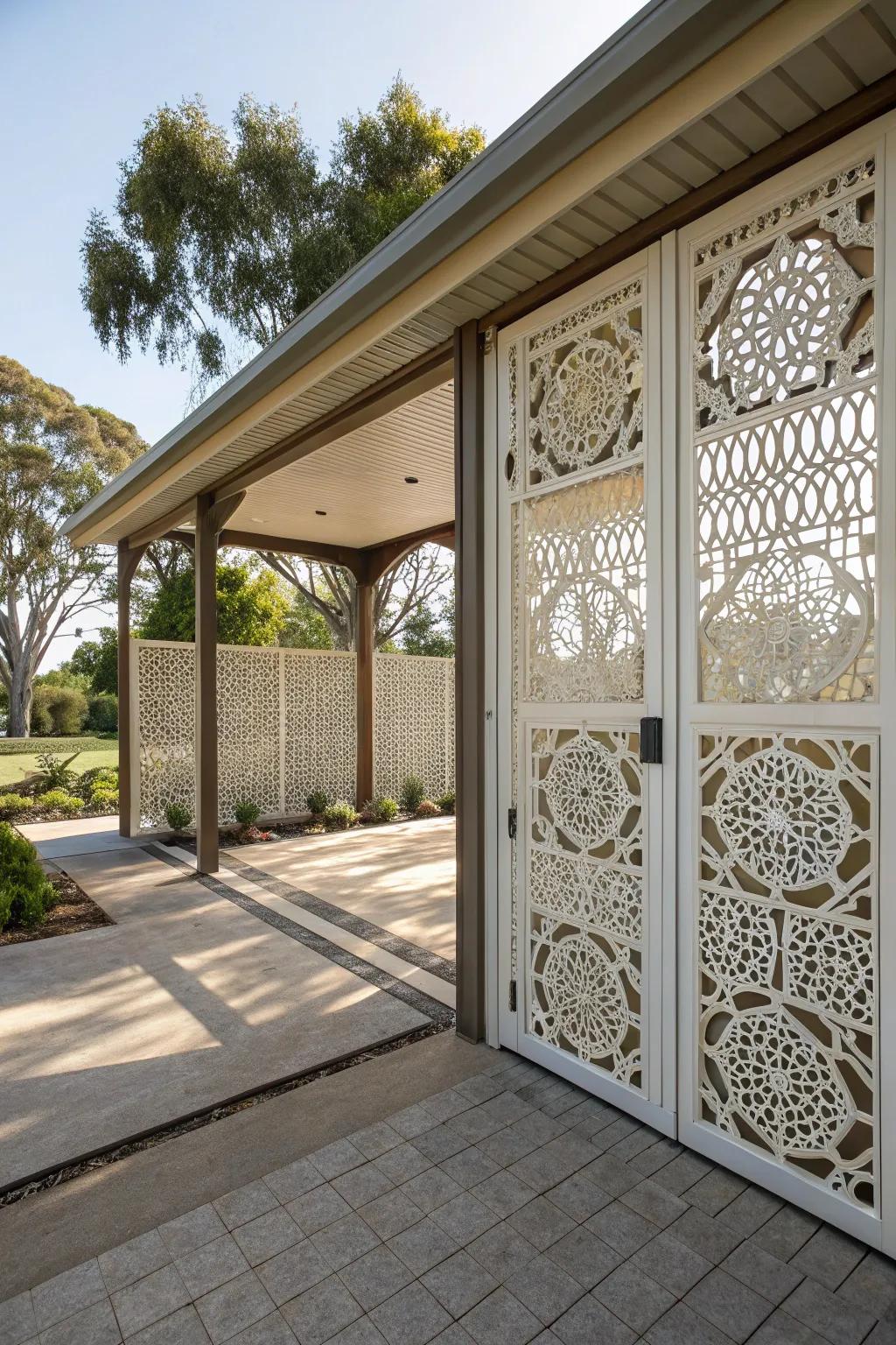A carport with decorative lattice panel doors that give the design a creative touch.