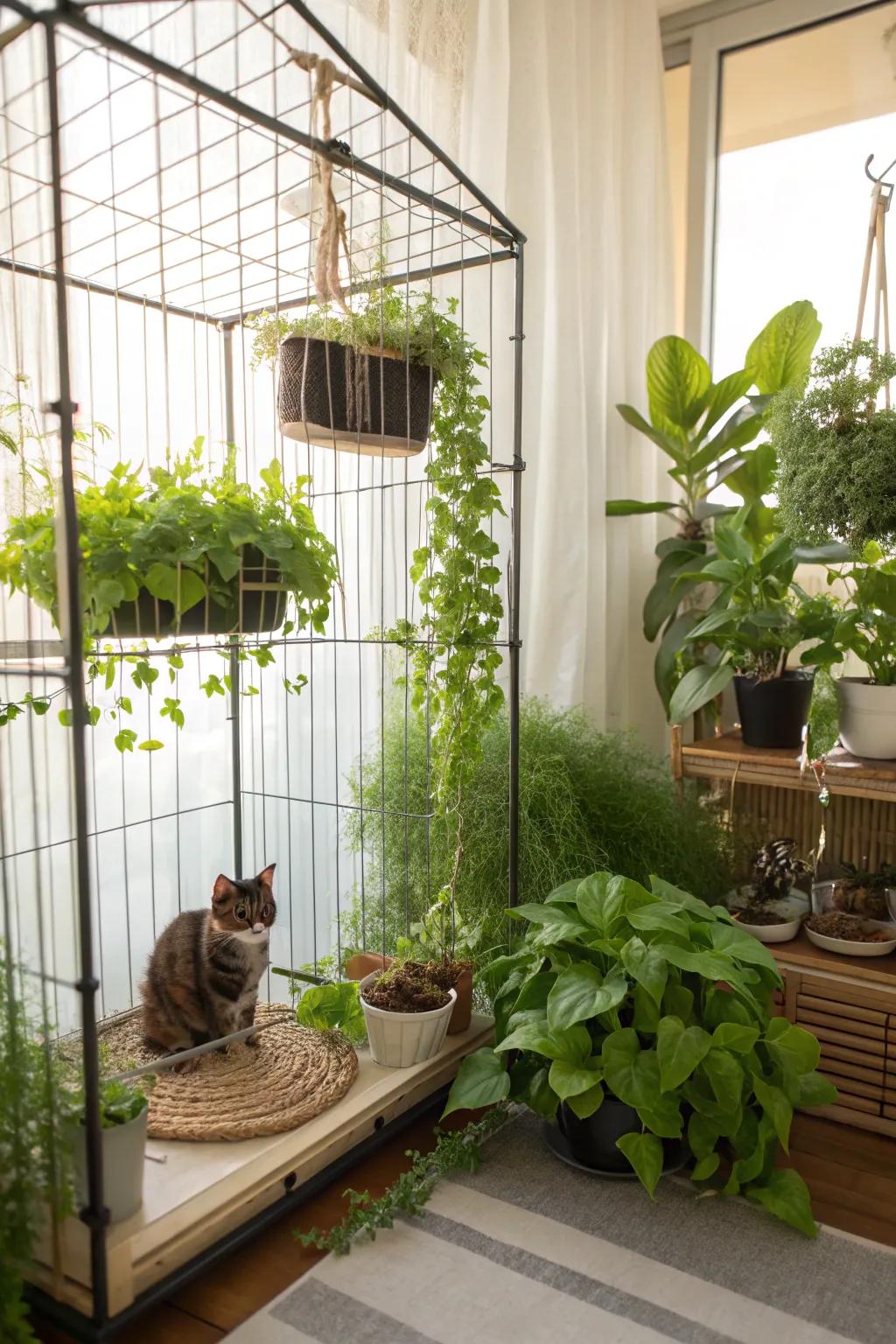 Natural elements infuse vitality and freshness into a cat enclosure.