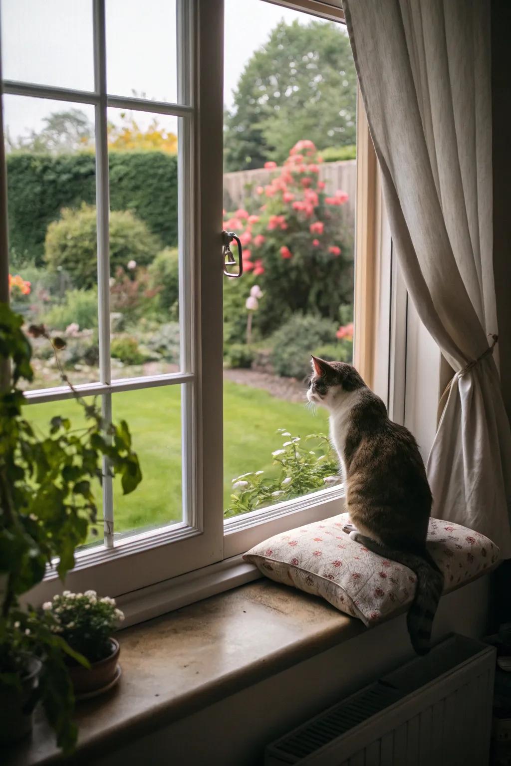 A window ledge furnishes cats with an impeccable vantage point to observe the world in motion.
