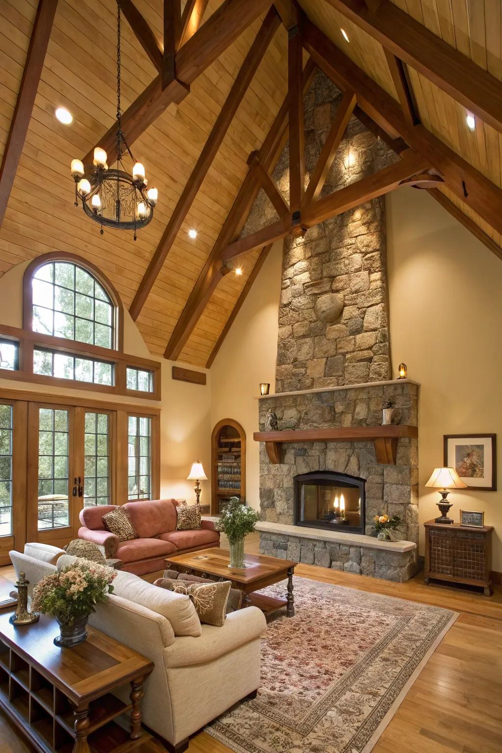 Organic elements like wood and stone produce a harmonious design.