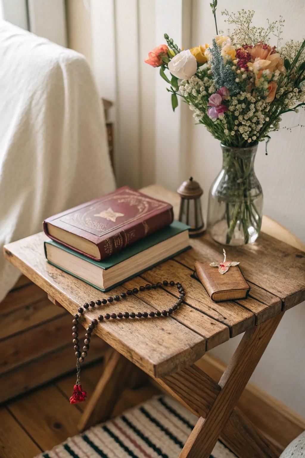 A table both arranges and enhances your sacred articles.