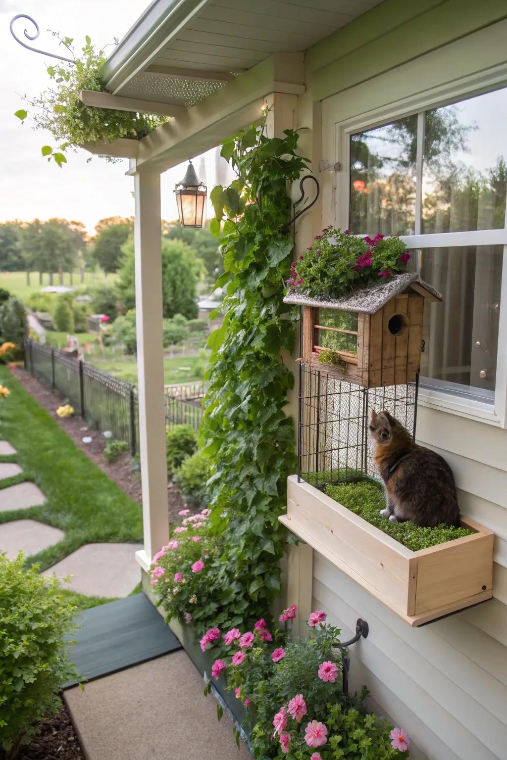 A bay window catio presenting a secure outdoor involvement for indoor cats.