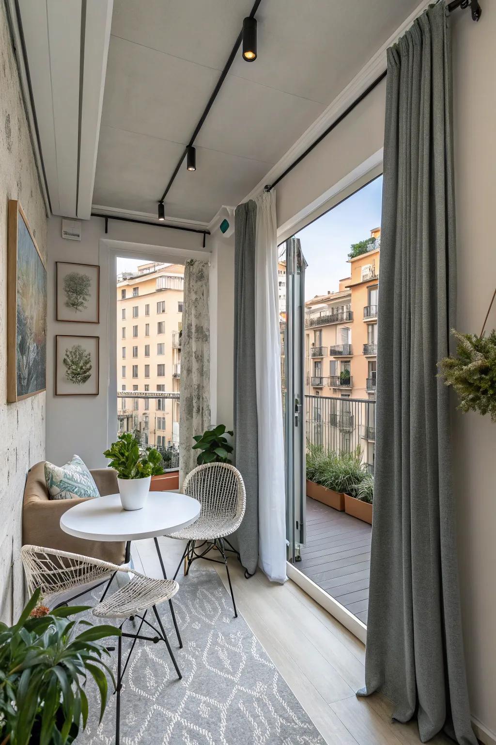 Ceiling-mounted curtains creating the illusion of height