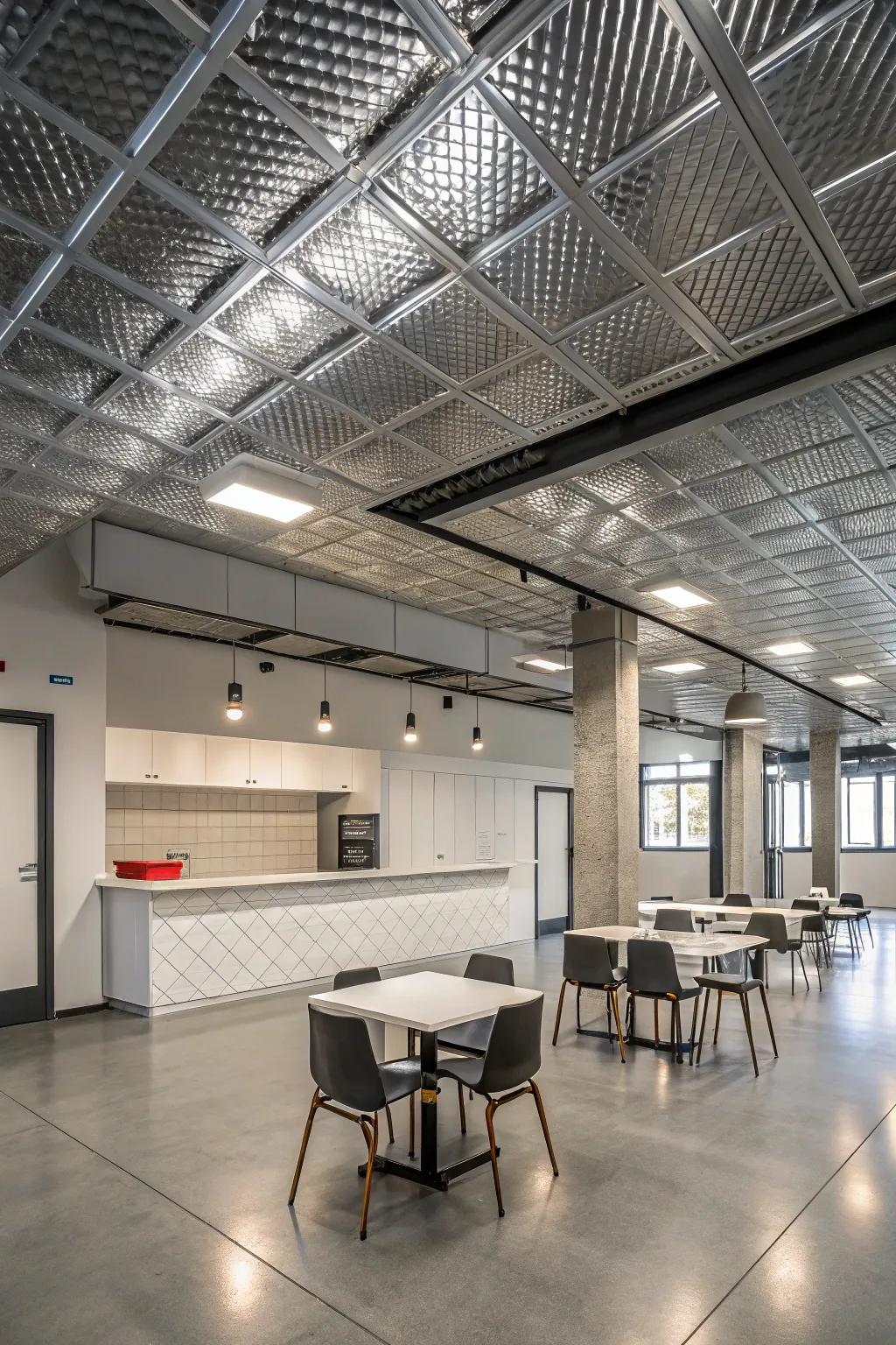 A modern space showcases Shining Finish ceiling tiles for an industrialized vibe.