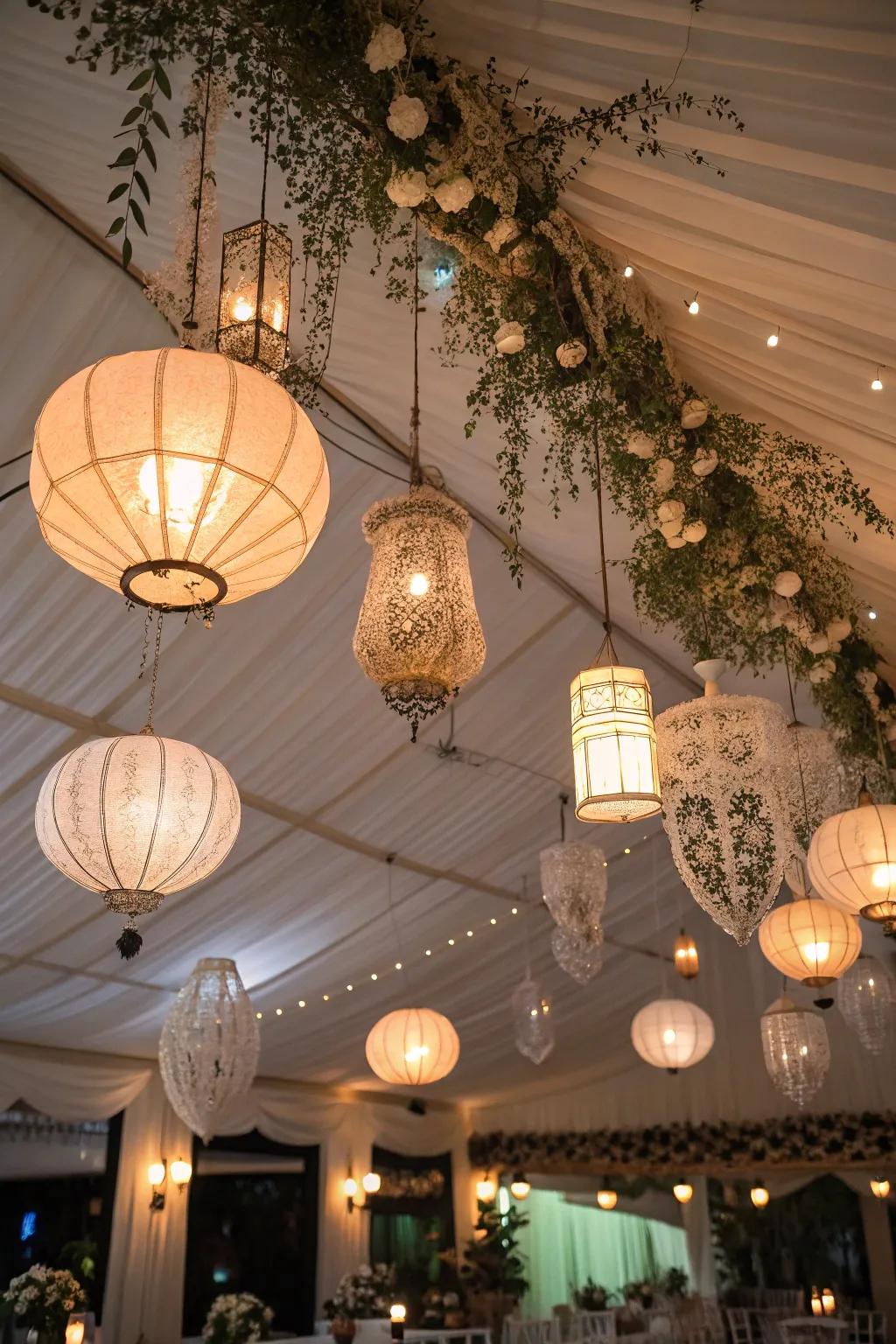 Hanging lanterns add a cozy charm.