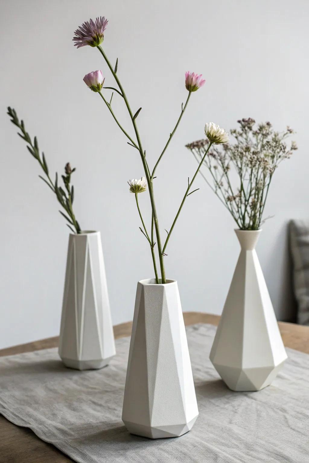 Understated geometric flower holders showcasing single flowers.