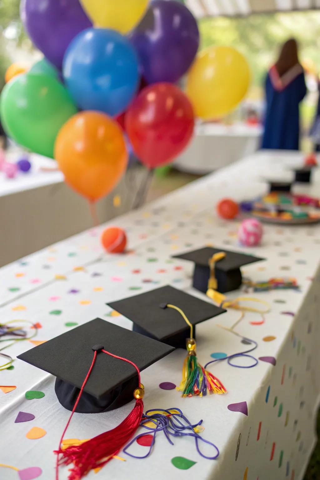 Handmade graduation hats contribute a playful aspect to the presentation.