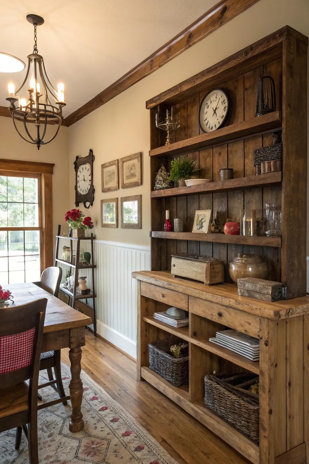 Rural appeal achieved through reclaimed wood shelving.