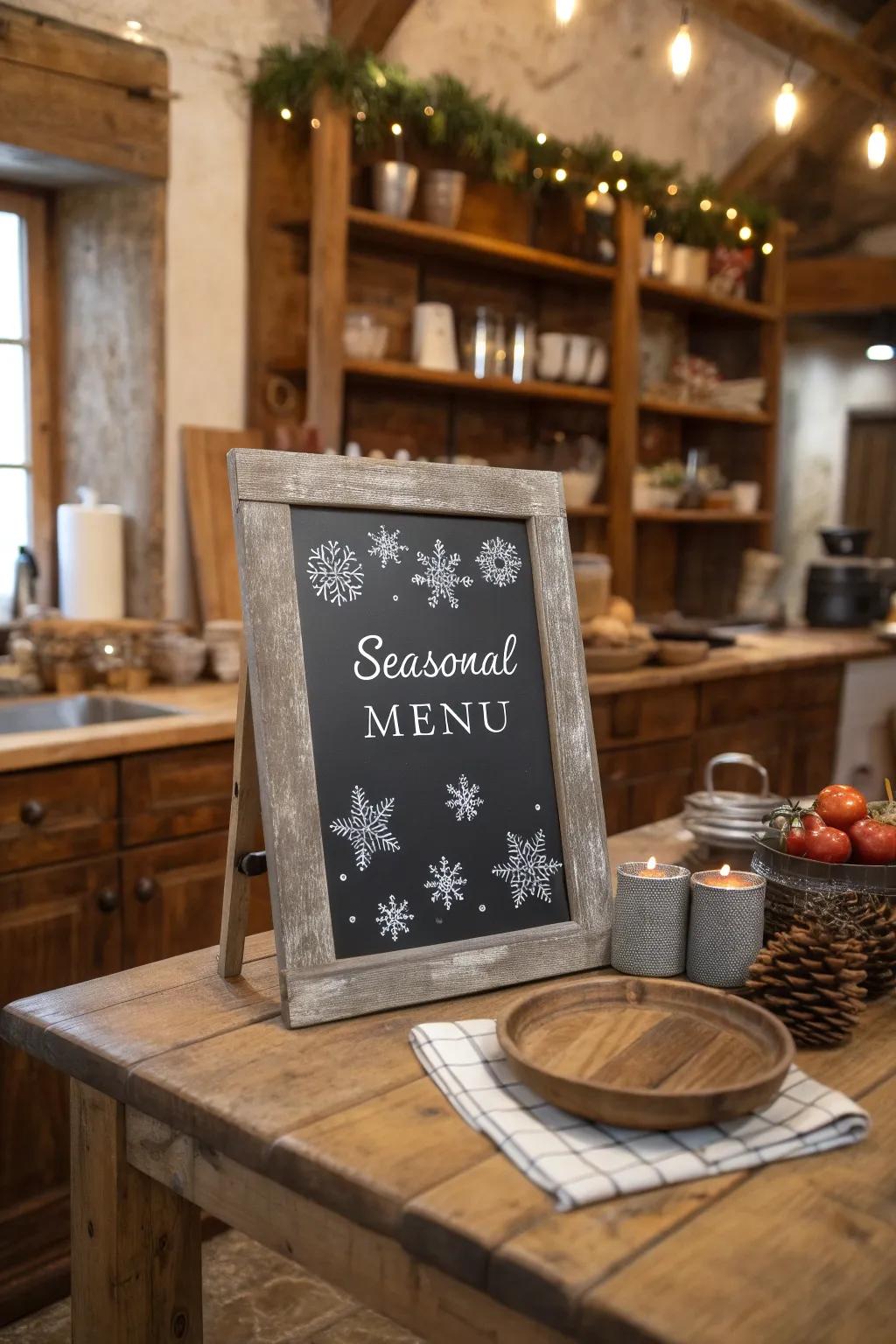 Seasonal elements such as snowflakes lend a festive touch to this winter-inspired chalkboard menu.