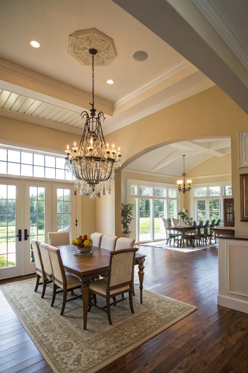 An airy chandelier enhances the spacious feel of a low ceiling dining room.