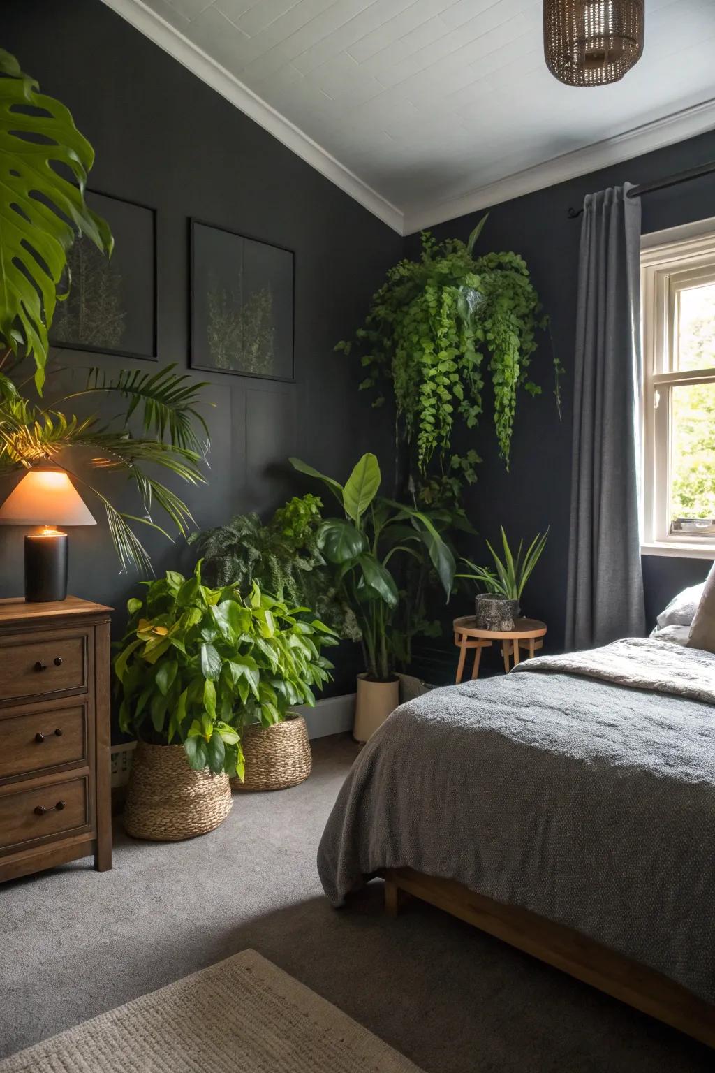 Foliage offers a refreshing comparison to deep gray interiors.